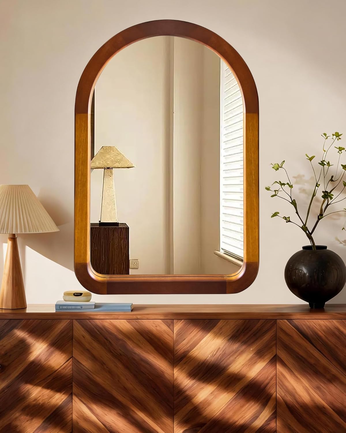 Arched Bathroom Mirror,Wood 24 x 36 Inch Arch Wall Mirror with Walnut Frame,Vanity Tempered Glass Mirror for Bedroom,Entryway,Living Room