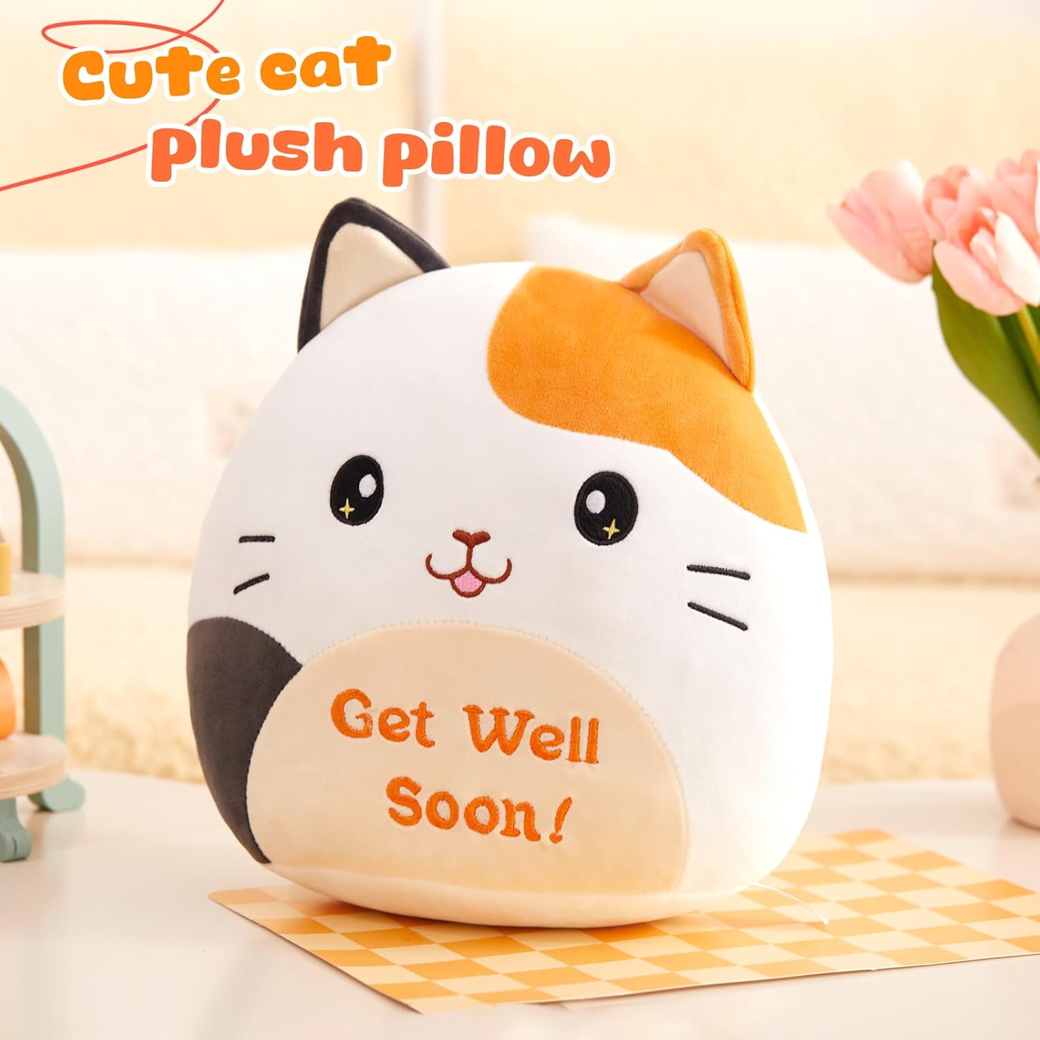 Houwsbaby 12" Get Well Soon Cat Plush Pillow,Calico Cat Stuffed Animal, Soft Sofa Cushion Squishy Plushie Kitty Toy,Feel Better Presents for Recovering Patient - Image 4