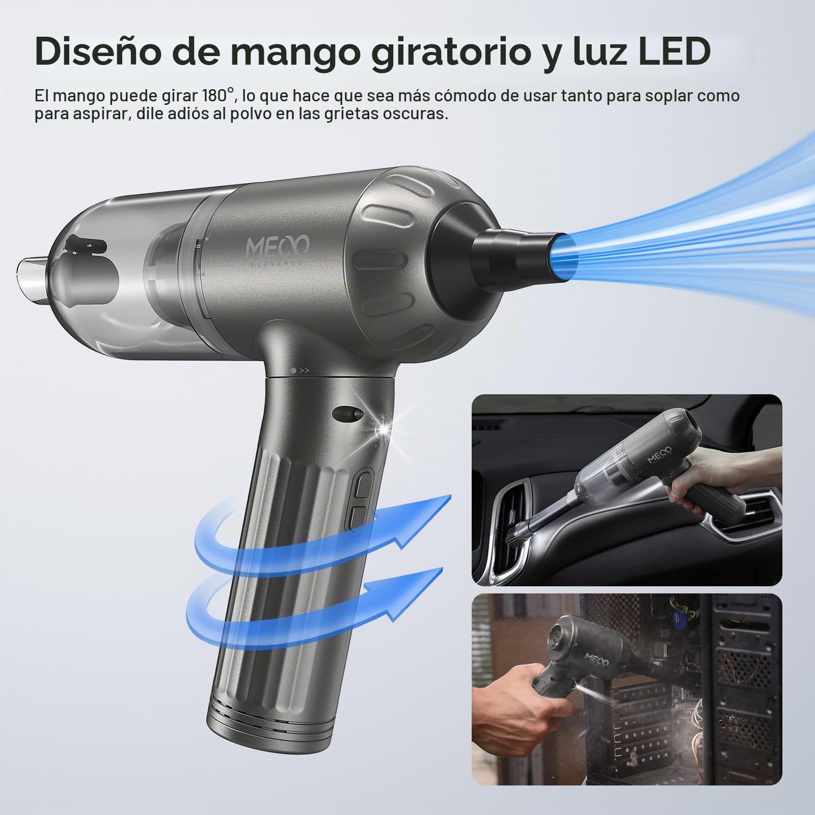 MECO ELEVERDE 4 en 1 Soplador de Polvo Eléctrico, Mini Aspiradora de Mano, 130,000RPM, 18Kpa, Portátil, Gris