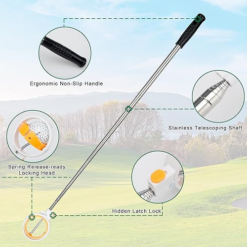 Miniatura 3 de Recuperador de pelotas de golf para agua telescópica, herramienta recuperadora de bolas de 9 pies con cabezal listo para liberar resorte, clip de