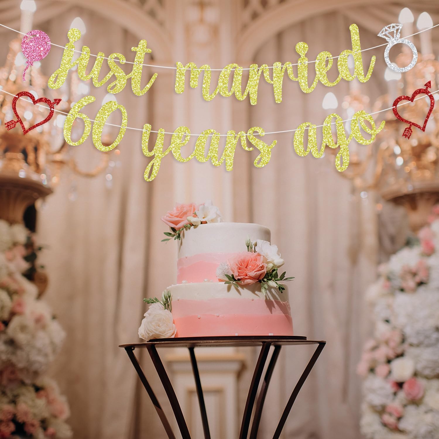 Just Married 60 Years Ago Banner, 60th Wedding Anniversary Party Decorations, 60 Years Blessed&Loved Happy 60th Wedding Anniversary Party Backdrop Sign Decoration Supplies for couples, Gold Glitter - Image 4
