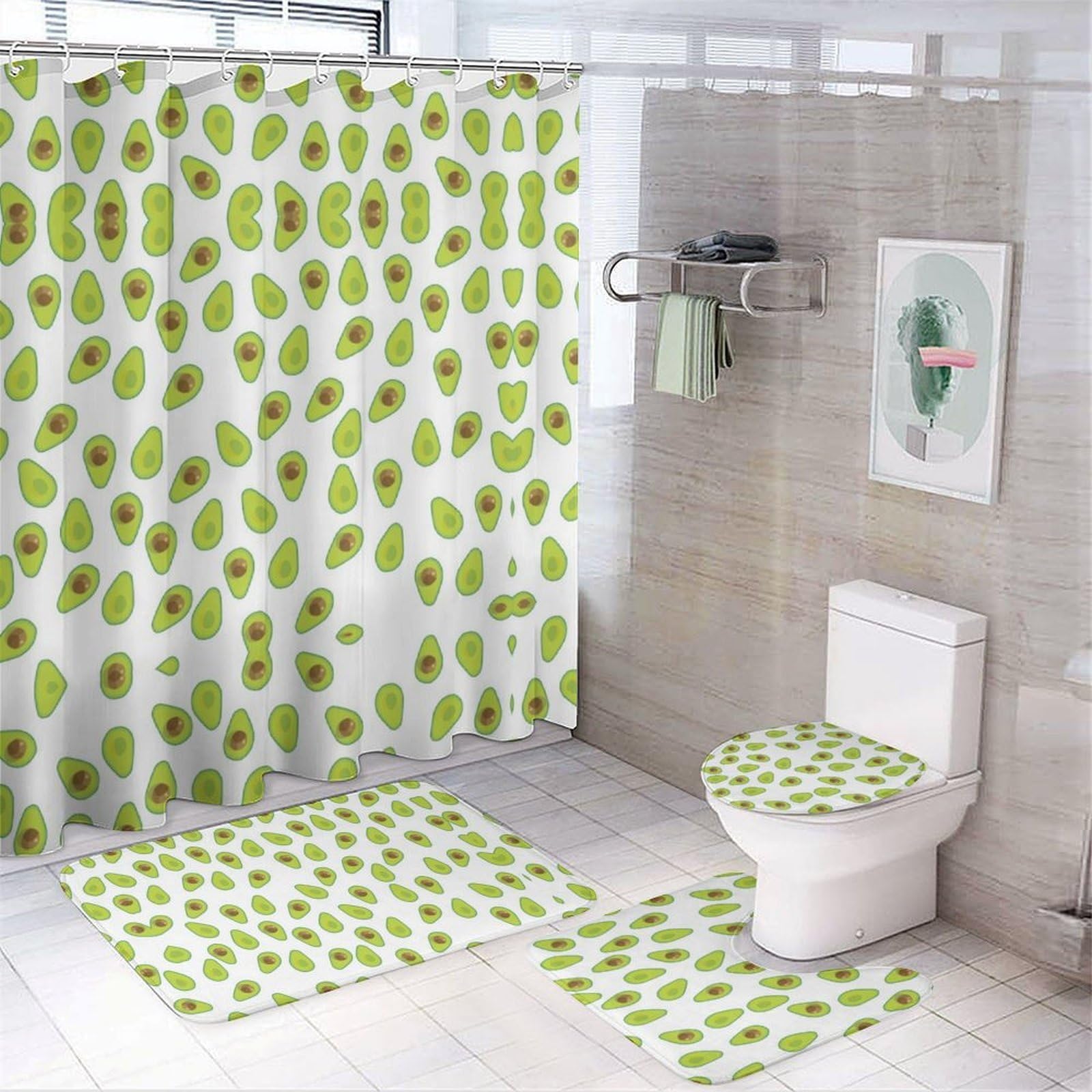 Wlntrophic Bathroom Mat Set 4 Piece, Avocado Shower Curtain with Non-Slip Bath Mats for Bathroom