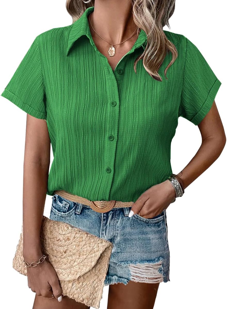 HOTOUCH Womens Button Down Shirt Short Sleeve Dress Shirt V Neck Collared Button Up Summer Tops Textured Work Blouse