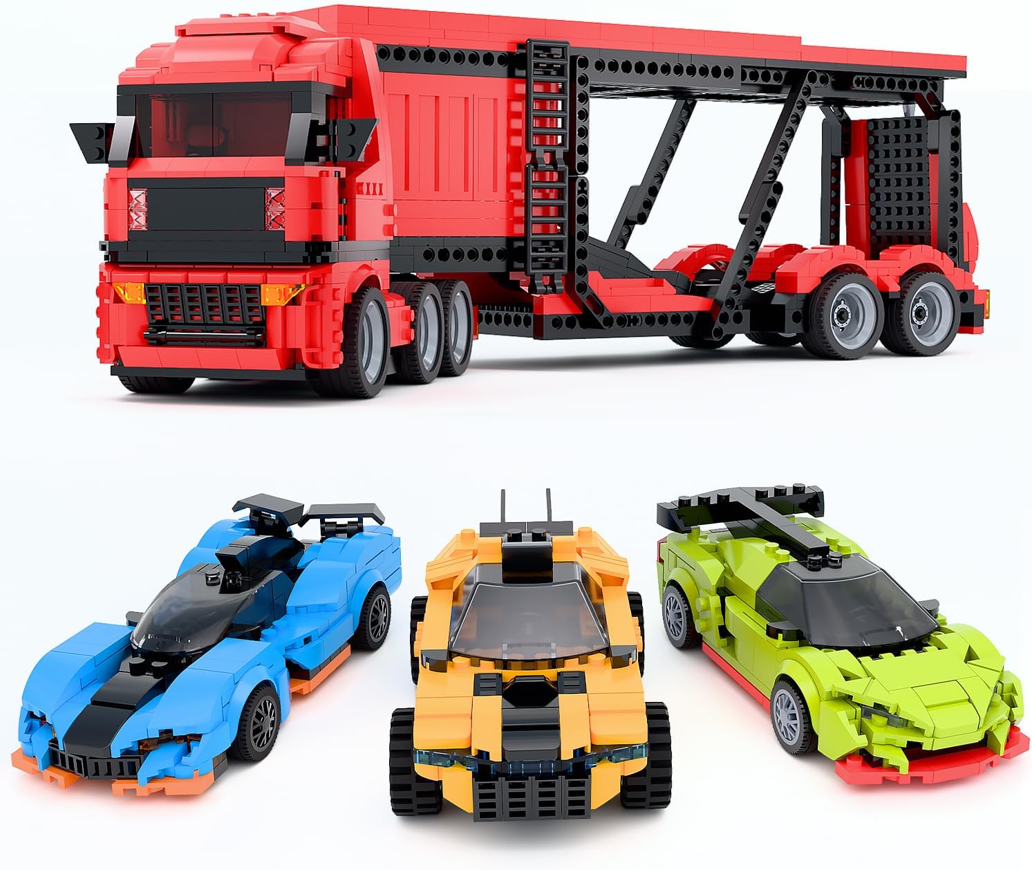TG BLOCKS Micro Brick Car Transporter with 3 Sports Cars Building Set - Kids Truck Toy with Carrier & Trailer, Gift Idea for Teens 8+ Boys & Girls
