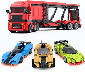 TG BLOCKS Micro Brick Car Transporter with 3 Sports Cars Building Set - Kids Truck Toy with Carrier & Trailer, Gift Idea for Teens 8+ Boys & Girls