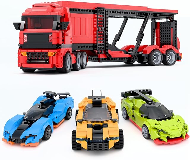 TG BLOCKS Micro Brick Car Transporter with 3 Sports Cars Building Set - Kids Truck Toy with Carrier & Trailer, Gift Idea for Teens 8+ Boys & Girls