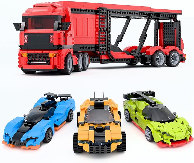 Micro Brick Car Transporter with 3 Sports Cars Building Set | Kids Truck Toy with Carrier & Trailer, Gift Idea for Teens 8+ Boys & Girls