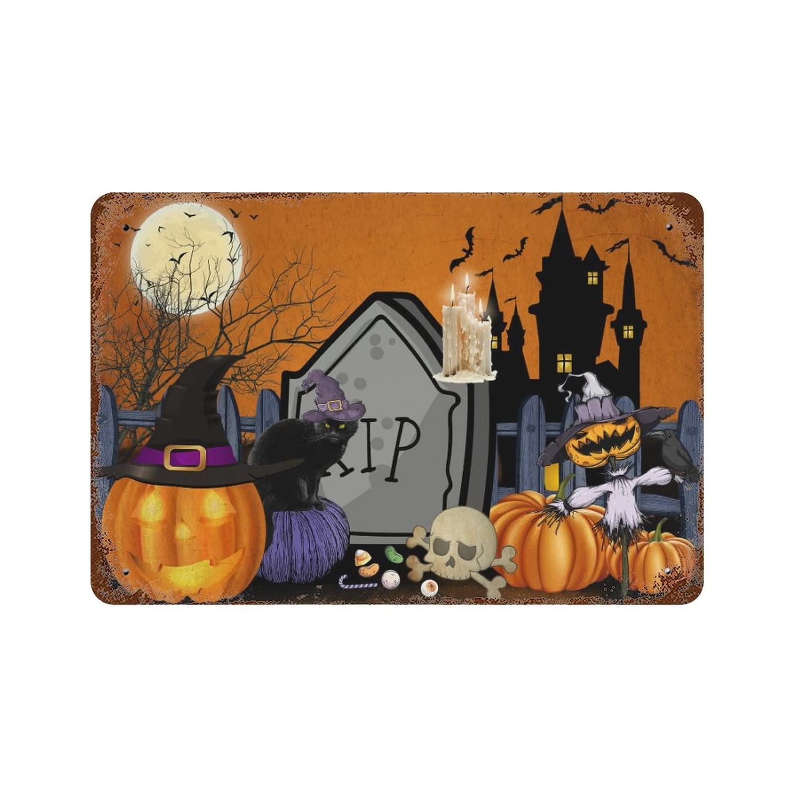 Panneau Halloween citrouille chat alu pour entrée maison accueillante