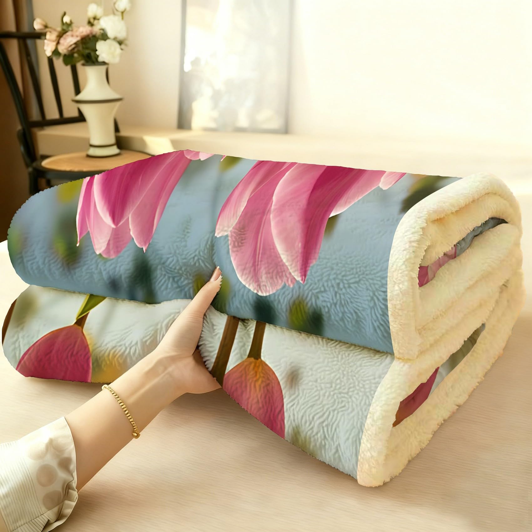 Rosa Tulpe Fleecedecke 130x150 cm – Extra dick & kuschelweich, Flowers Flauschige Decke für Einzelbett, Sofa & Wohnzimmer, Überwurf