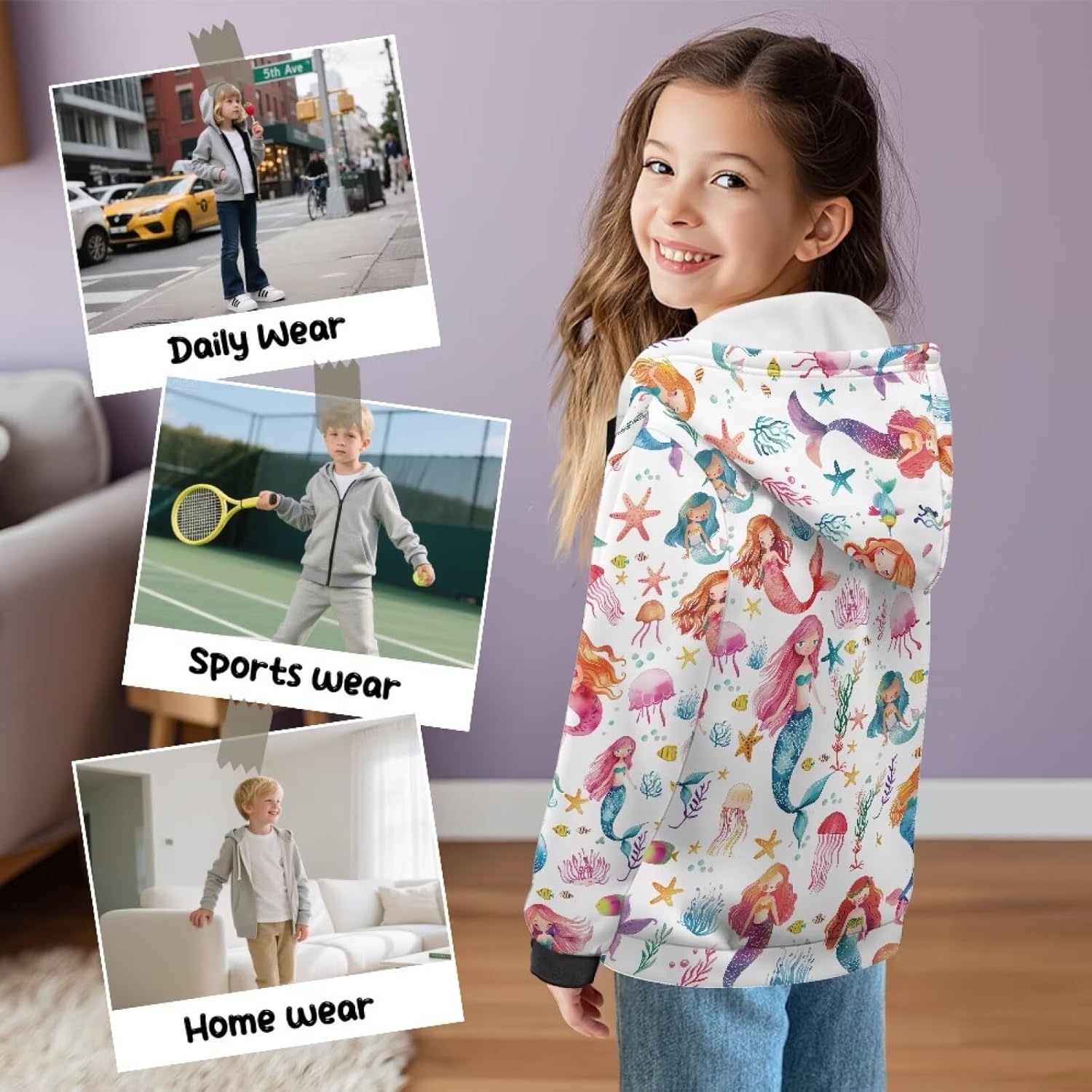 Girls Long Sleeve Full Zip Hoodie with Pockets Warm Hooded Sweatshirt Kids Comfy Jackets for School Winter