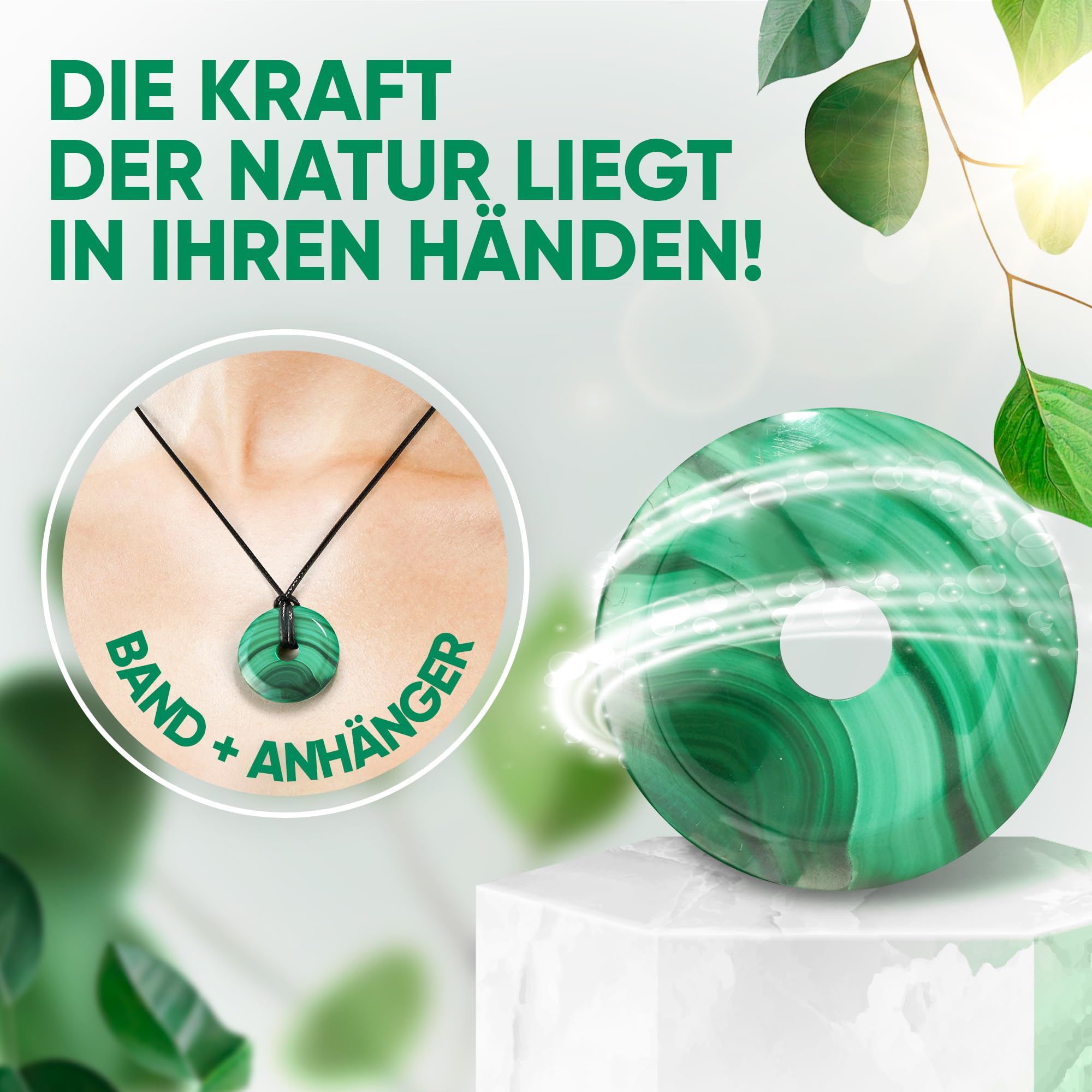 PURAJA Malachit Anhänger aus echtem Edelstein | Heilstein Kette mit Donut Anhänger inkl. hochwertigem Kordband