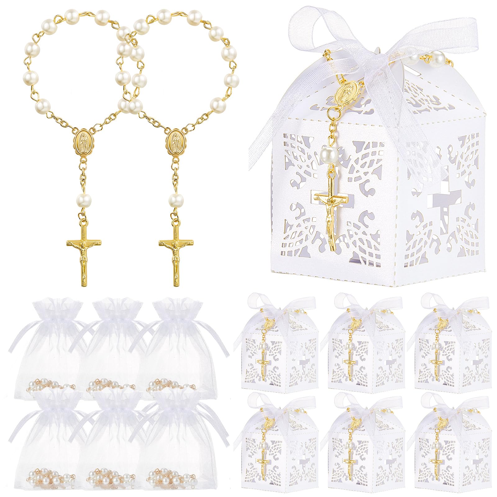 50 Packs Baptism Favors Set Acrylic Rosary Beads Faux Pearls with Organza Bags and Cross Baptism Favor Boxes Recuerdo De Boda Y Bautizo for Christening Weddings Party Favors(Gold Pearl Bracelet)