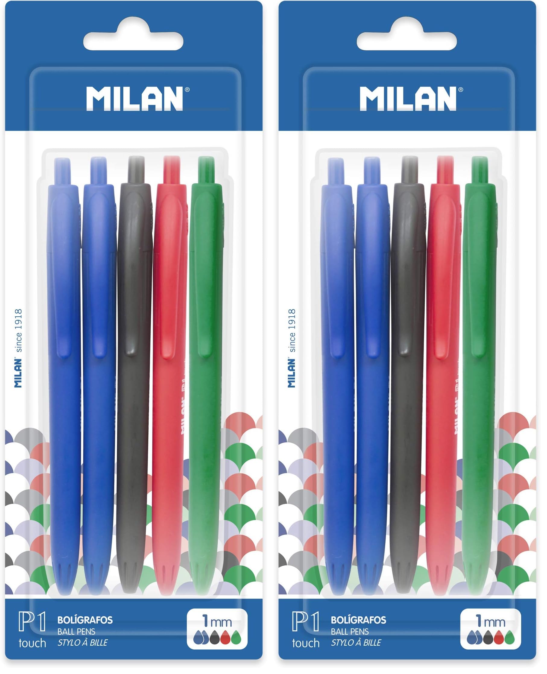 MILAN Bolígrafos P1 Touch, 1 Negro, 1 Rojo y 1 Verde, 5 Unidad (Paquete de 2), 5