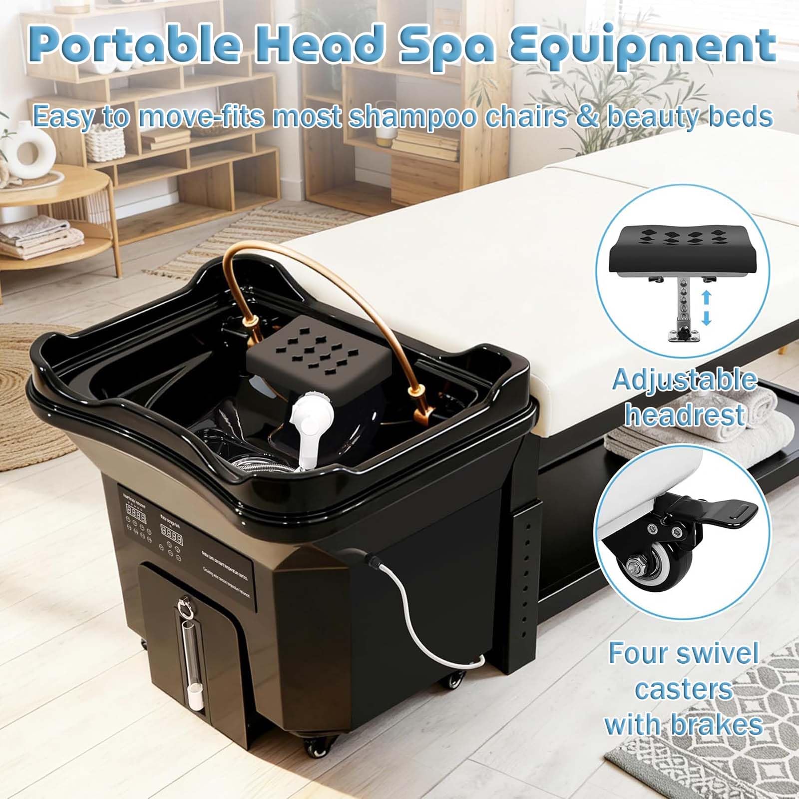 Generico Portatile con Lavabo a Circolazione dell’Acqua, Spa Capelli Giapponese 60L Acqua Pulita + 20L Serbatoio di Scarico, Attrezzatura Mobile con Kit di Fumigazione, Salone e Casa (Black)