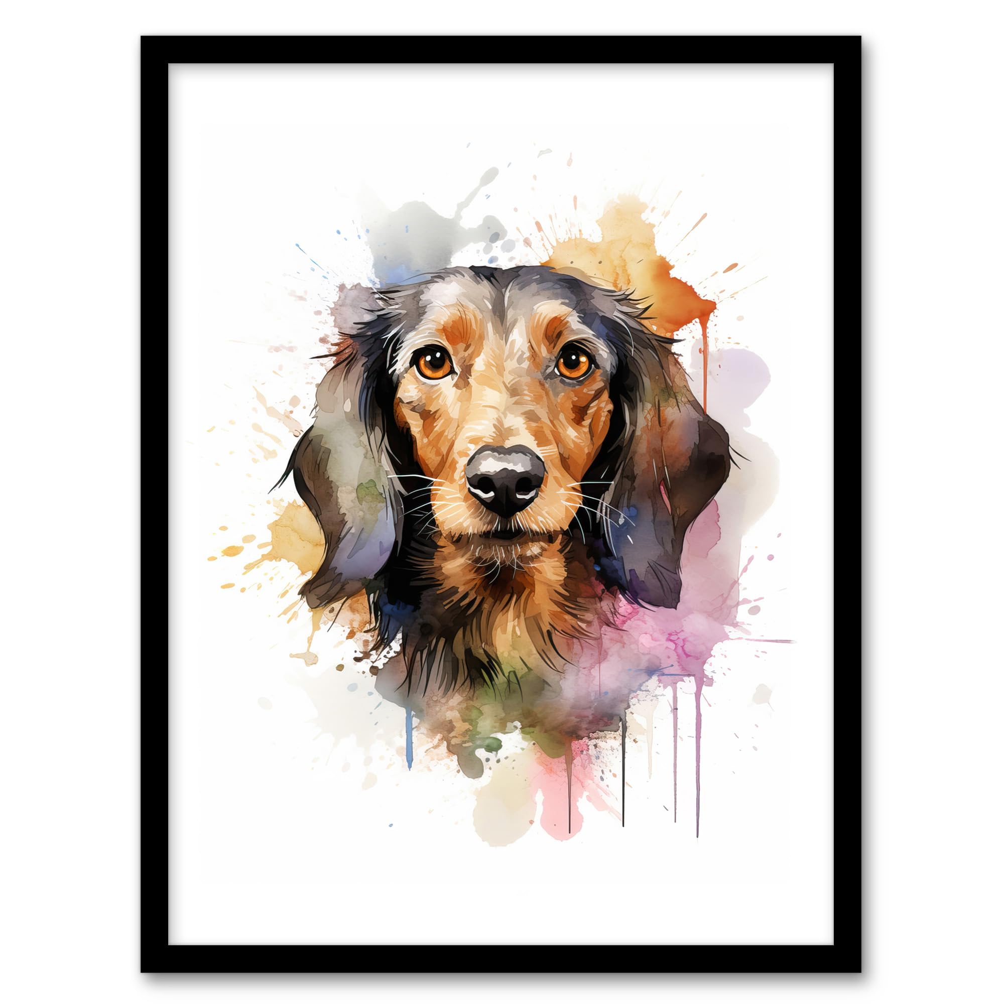 Artery8 Watercolour Wirehaired Dachshund Pet Portrait Wall Art Print - A4 Framed