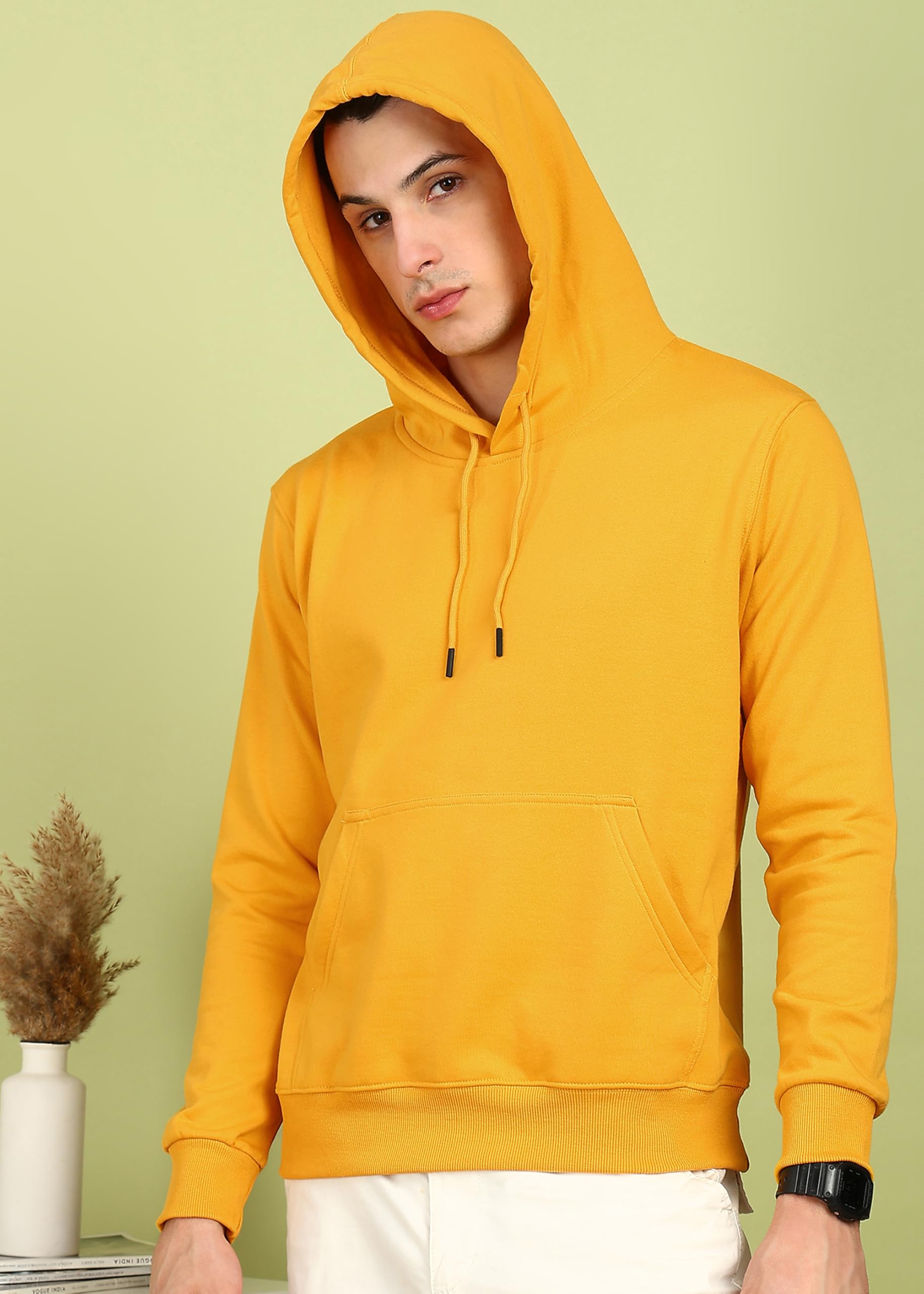Alan Jones Clothing Men’s Solid Hooded Sweatshirt | Drawstring Hood, Kangaroo Pocket, Ribbed Hem | Regular Fit | Sizes S–5XL | Multiple Colors (Mustard_L) 2