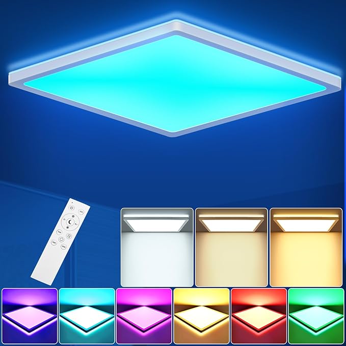 LEZOE LEZOE 18W RGB LED-plafondlamp dimbaar met afstandsbediening, 1800LM LED-plafondlamp dimbaar RGB, 3000K-6500K IP54 vlak paneel voor woonkamer slaapkamer kinderkamer keuken badkamer 22x22x2.5cm