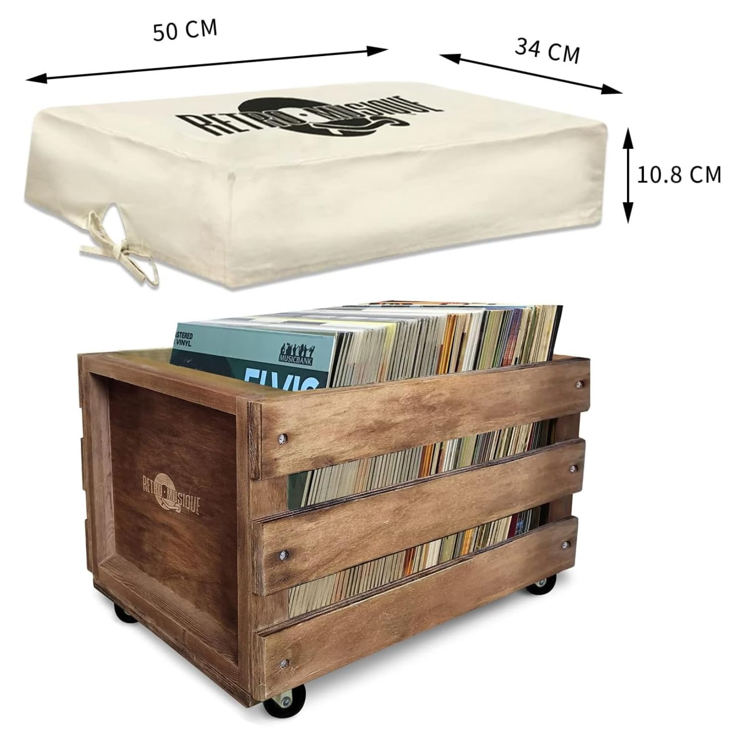 Retro musique Wooden 12” LP Vinyl Record Storage Crate on Wheels Holds up to 100 albums (In PVC Sleeves) with Hessian Cloth Cover, KXRM25-Crate