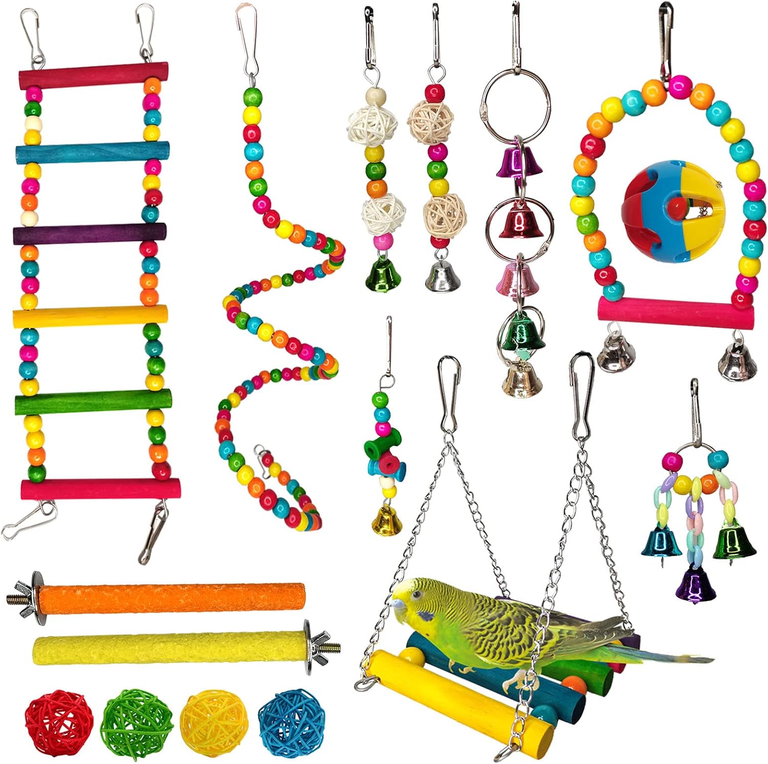 Hamiledyi Parakeets Bird Swing Toy Set, 16PCS Bird Hanging Colorful Chewing Toys, Parakeets Standing Climbing Ladder Hammock Bells,…