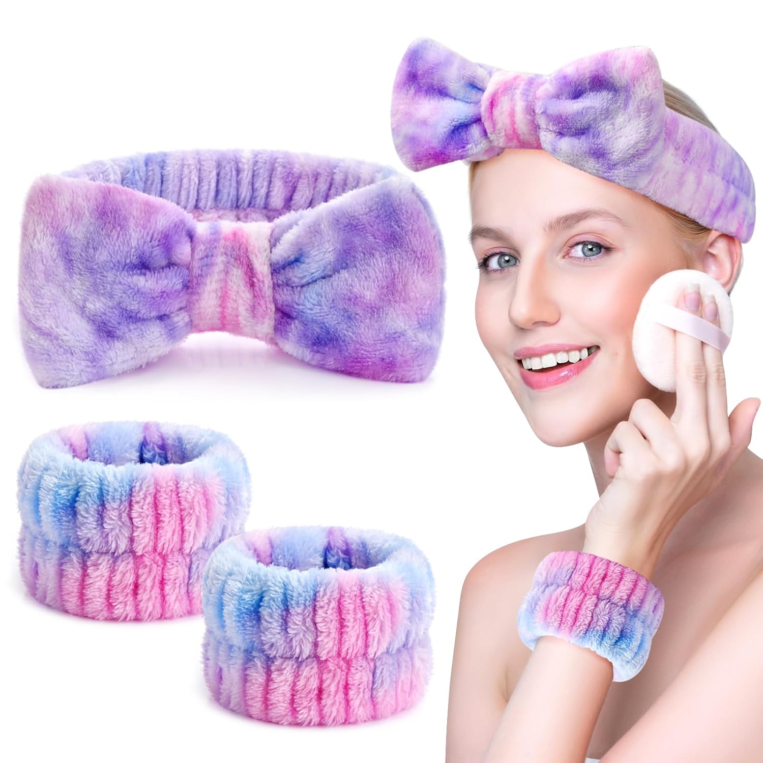 3PCS Spa Headband and Wristbands Set for Women, Soft Microfiber Face Wash Headband with Cute Bow, Elastic Absorbent Wrist Towels, Makeup Skincare Accessories for Facial, Shower, Yoga - Image 2