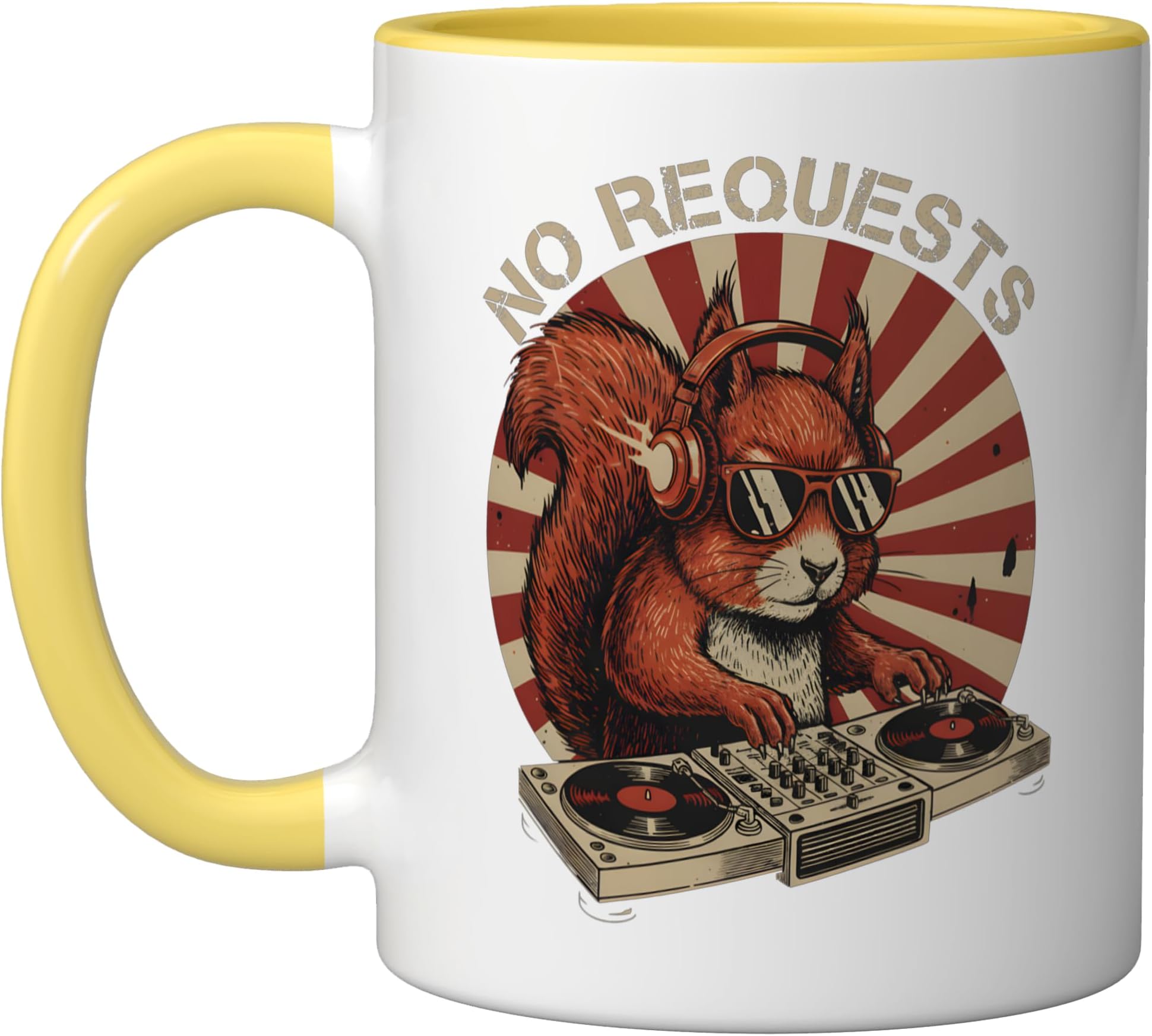 Cool DJ Squirrel No Requests Funny Retro Music DJ Design Ceramic Mug, Yellow/White