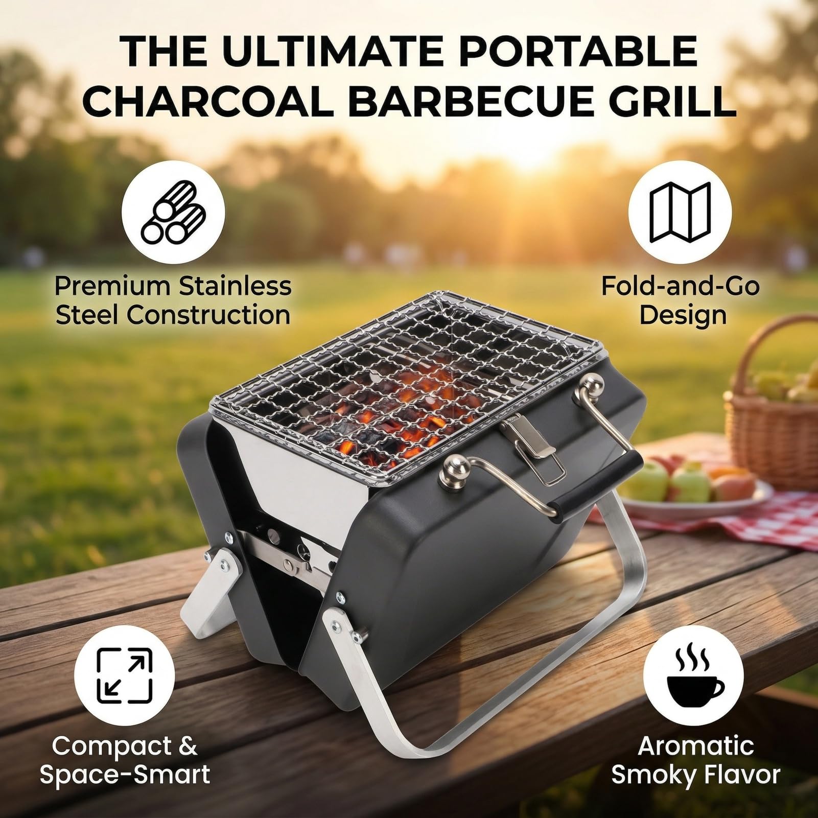 Przenośny Grill Węglowy, Składany Mini Hibachi, Mały Grill ze Stali Nierdzewnej Blat Węglowy na Zewnątrz Camping Piknik Podwórko, 6,5 X 4,3 X 5,9 Cala