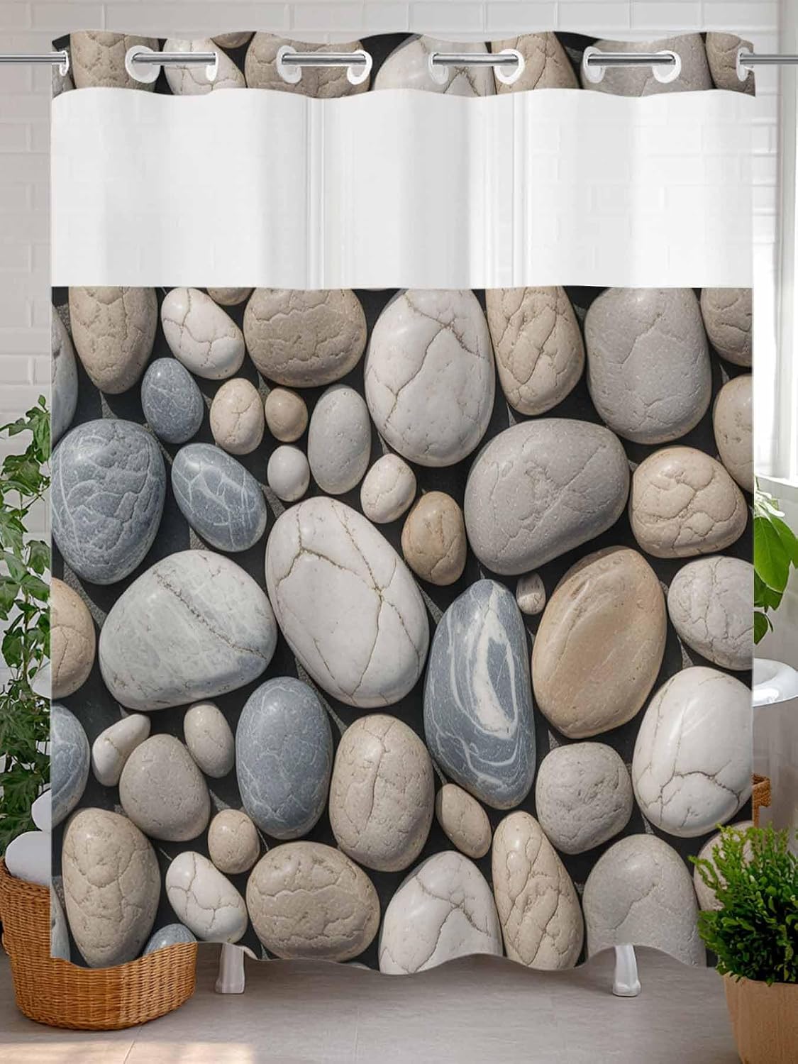 No Hook Shower Curtain with Snap in Liner, Abstract Natural Grey Cobblestone Waterproof Bath Curtain Double Layers with See Through Top Window, Modern Grey Pebble Stone Hotel Shower Curtains