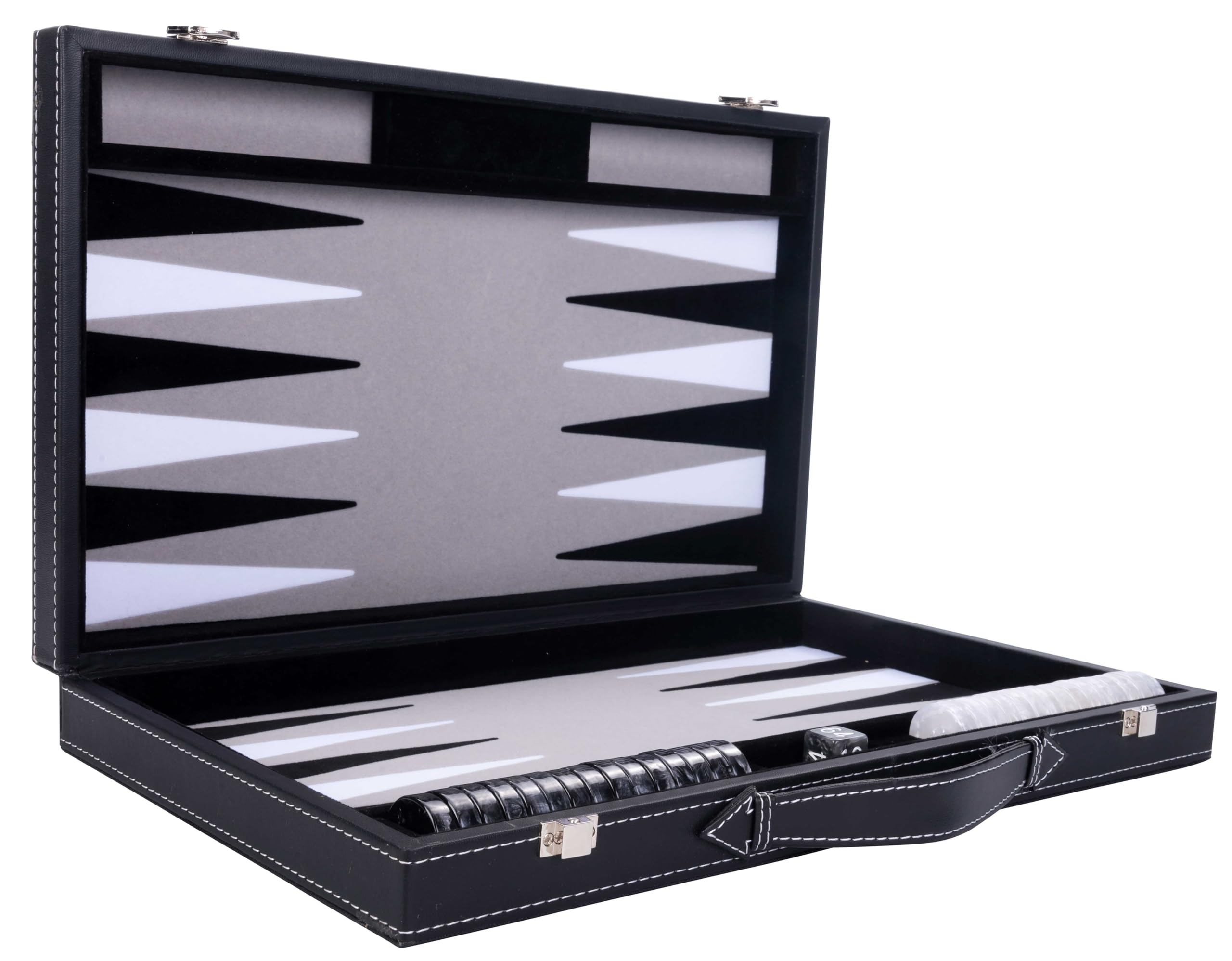 Engelhart - 250506 - Backgammon Di Lusso 15" (38 Cm) Grigio – Valigetta In Similpelle Con Interno In Feltro – Dadi E Pedine Madreperlate + 2 Bicchieri – Gioco Di Strategia-image