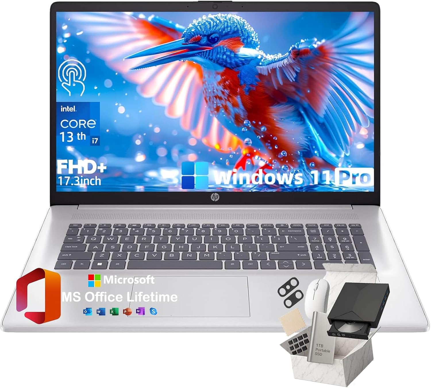 HP 17.3" FHD+ Touchscreen Business Laptop - Intel Core i7-1355U Processor, Intel Iris Xe, WiFi 6, HD Webcam, BrightView, 250 nits, Win 11 Pro, w/Hoouwrd Accessories (32GB RAM | 1TB SSD)