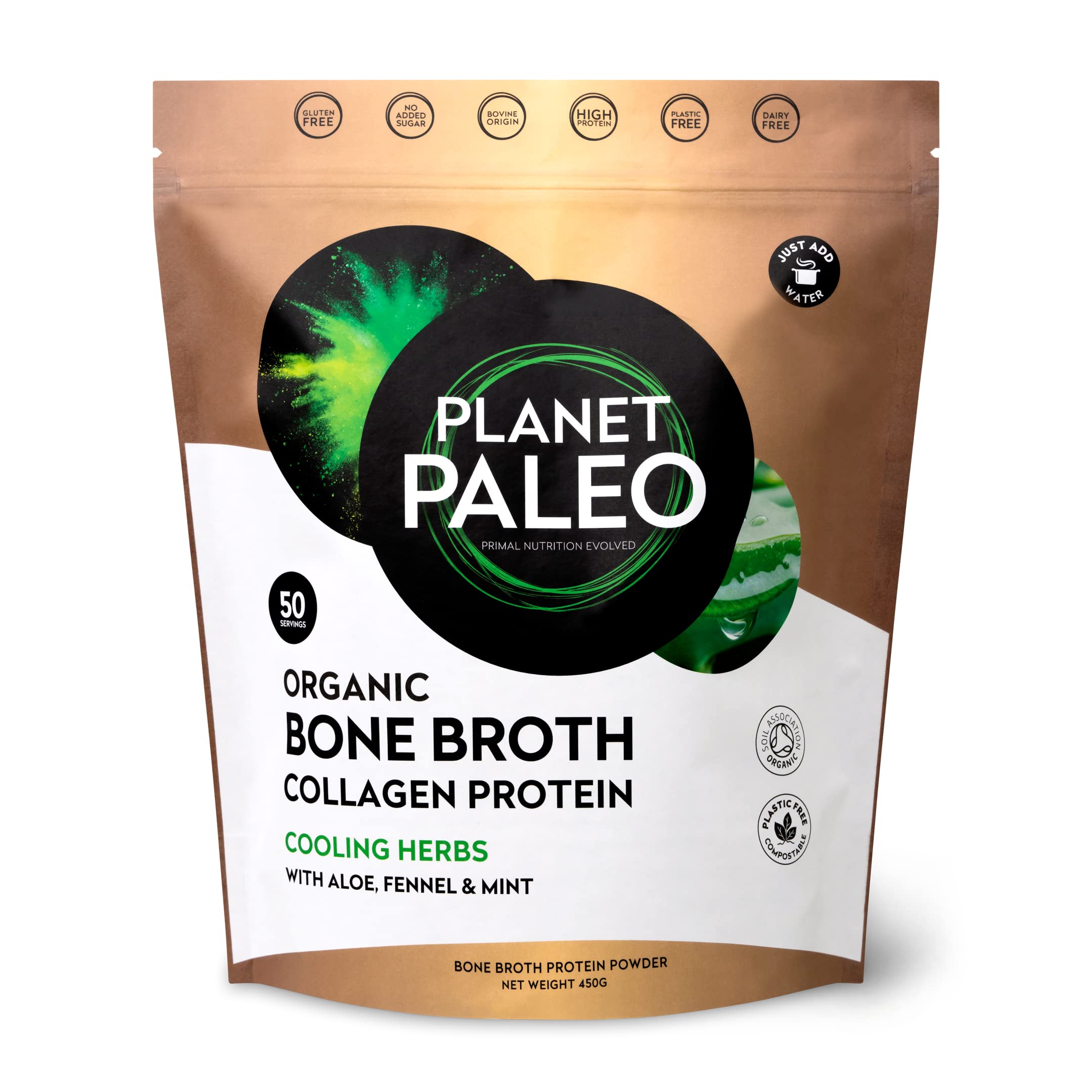 Planet Paleo Organic Bone Broth - Cooling Herbs (450g, 50 Servings) Organic, Grass Fed, High Protein | Fennel, Peppermint, Liquorice and Aloe Vera - Digestive Support