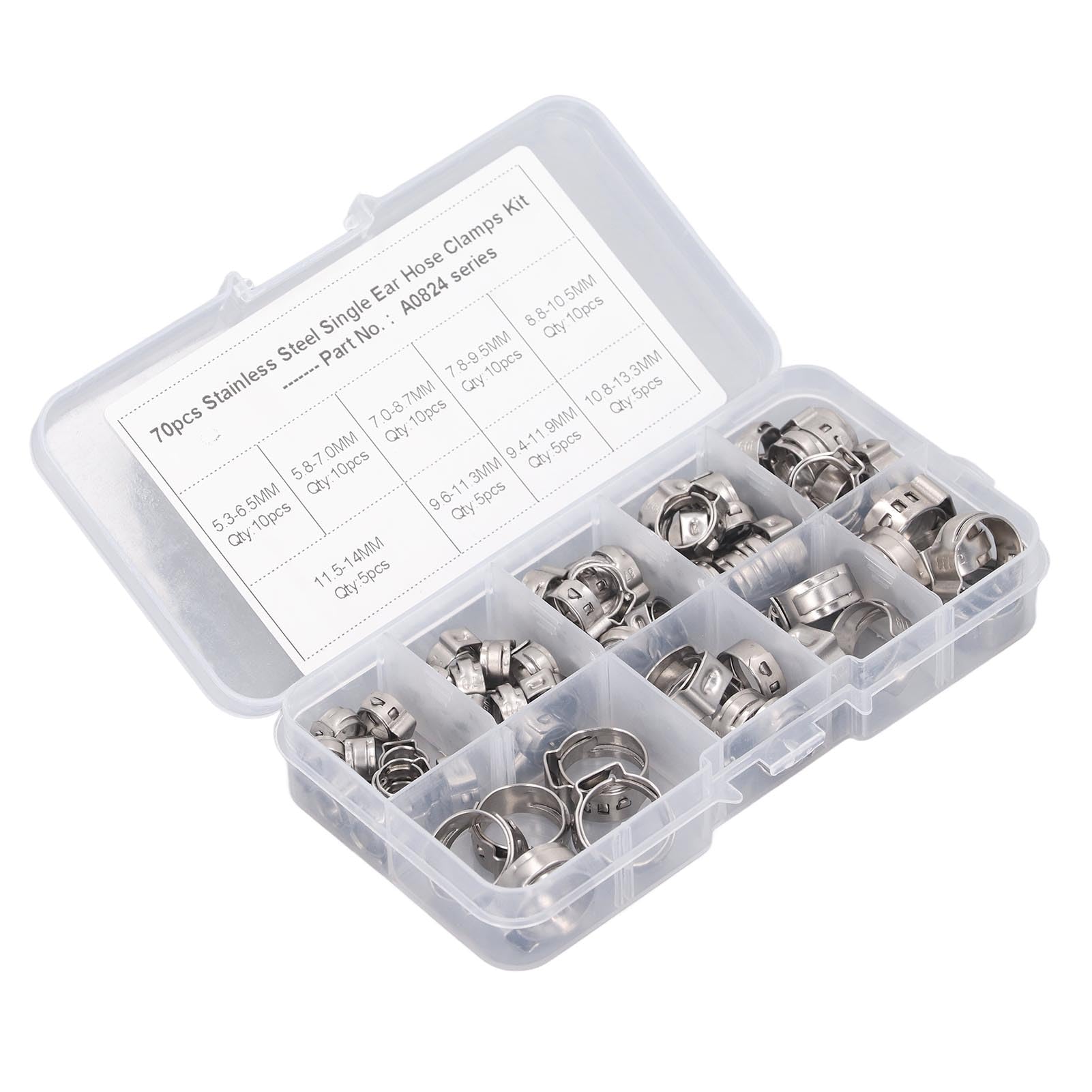Kit de abrazadera de una sola oreja, 70 piezas de abrazadera de manguera de una sola oreja, kit de abrazadera de manguera de acero inoxidable sin escalonamiento, 9 especificaciones, kit surtido de