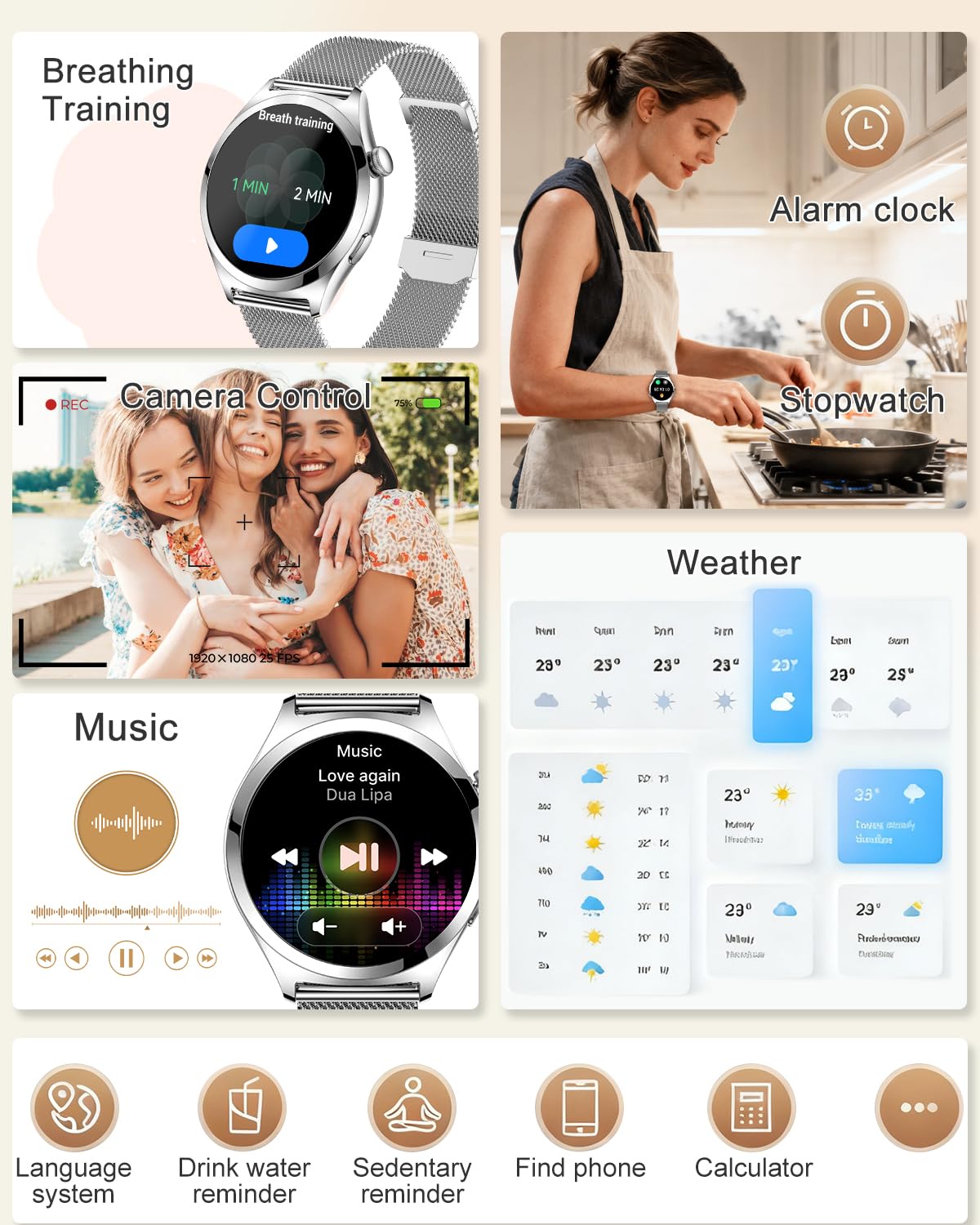 Smartwatch Donna, 1,27” Orologio Smartwatch con Chiamata Bluetooth, 120+ Sport, 24H Frequenza Cardiaca SpO2 Sonno, Fisiologia Feminile, IP68 Impermeabile, Smart Watch per Android iOS Argento