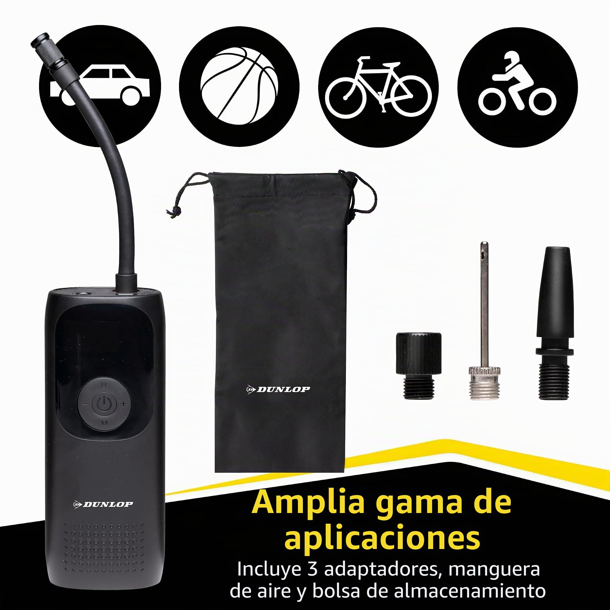 Dunlop Mini Compresor de Batería Bomba de Aire Eléctrica 150PSI - Universal y USB C - Pantalla Digital - Luz LED - Negro