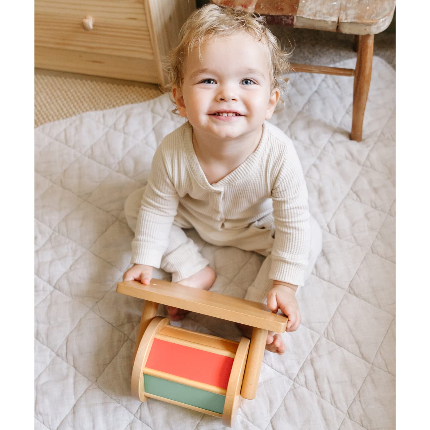 Tambor Giratorio Montessori De Madera Con 4 Bolas Arcoíris – Juguete Sensorial Para Bebés De 6 A 12 Meses, Coordinación Mano-Ojo