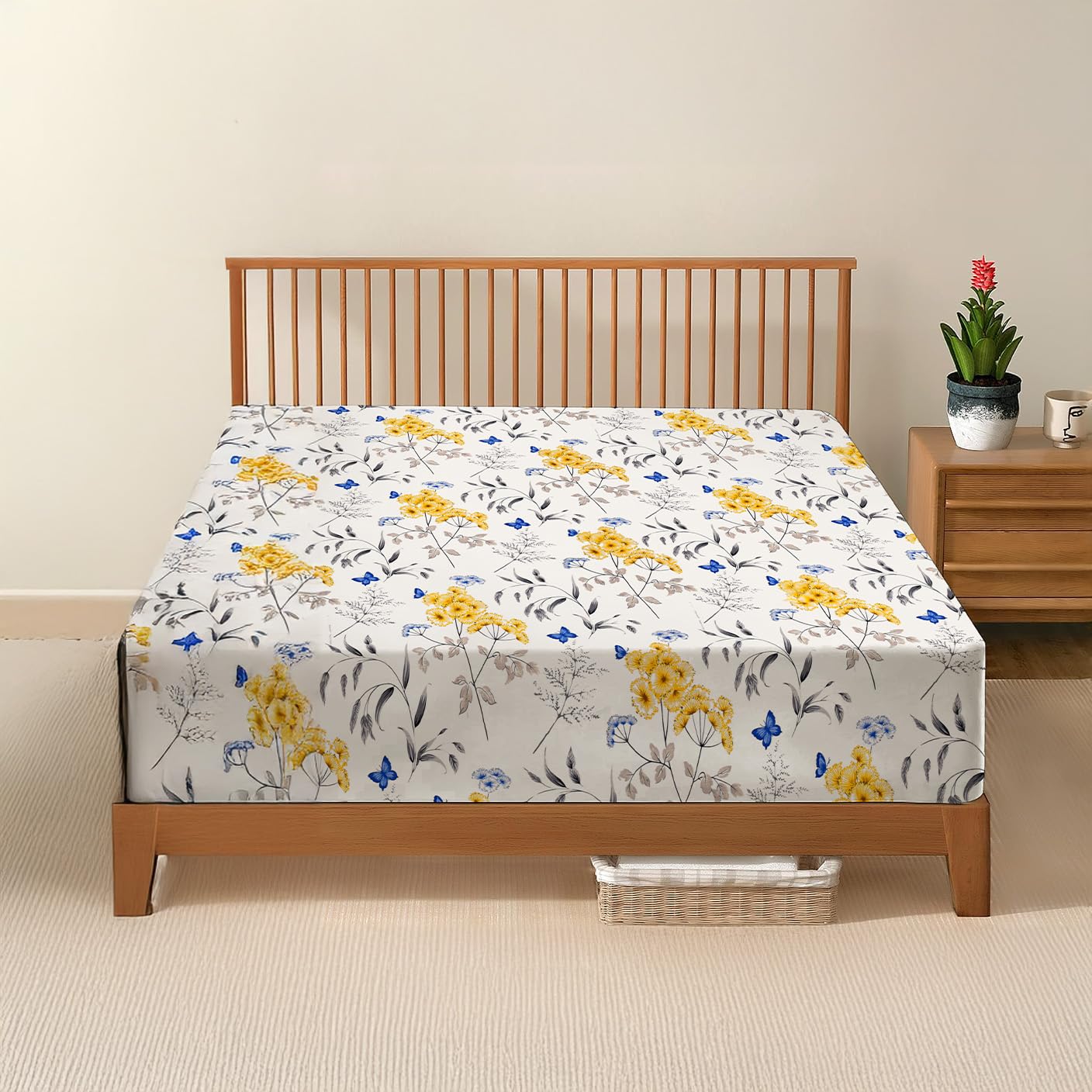 DANYDude 100% Egyptian Cotton Floral Printed Small Double Fitted Sheet 400 Thread Count Fitted Sheets Small Double Soft & Machine Washable 30cm/12” Extra Deep Fitted Bed Sheets Room Decor