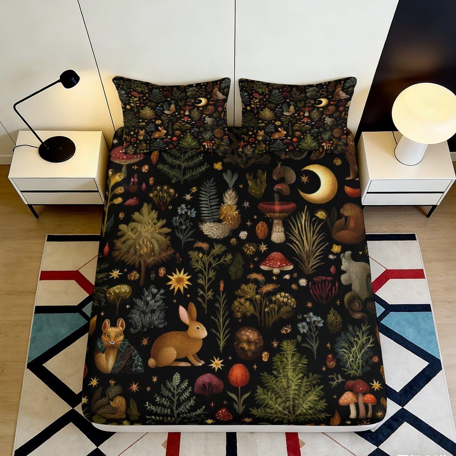 3D Printed Forest Night Fitted Sheet Microfiber Woodland Animals Bed Sheet for Bedroom Dorm Mattress Decor 90x200x25cm