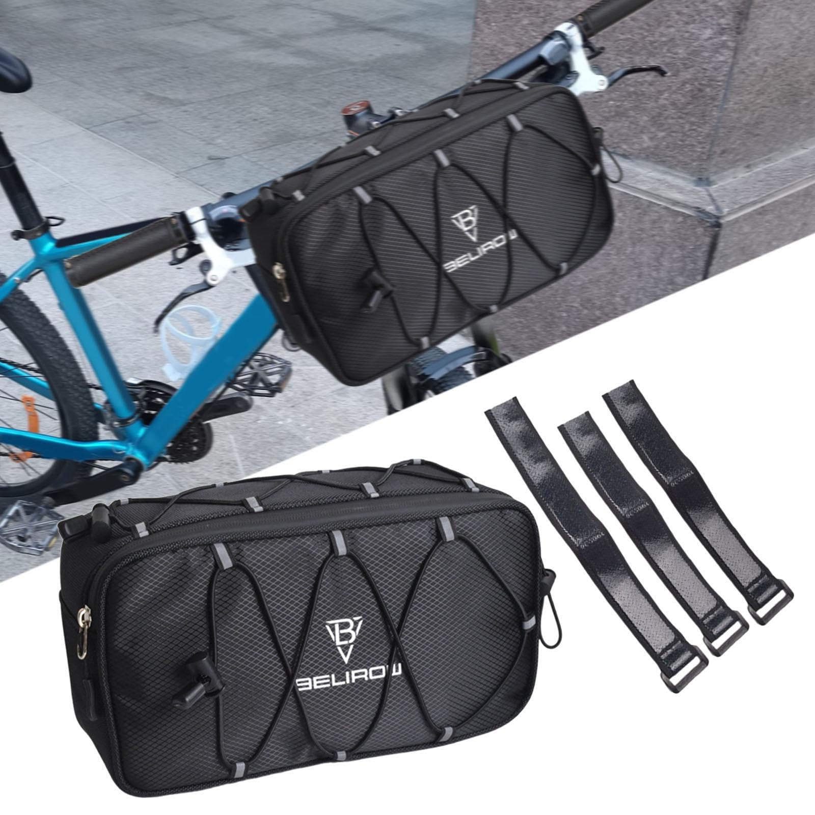 Borsa da Manubrio per Bicicletta, Pieghevole, Anteriore, Pratica, Riflettente, per Piccoli Accessori, con Maniglia, Nero 4,3 Litri