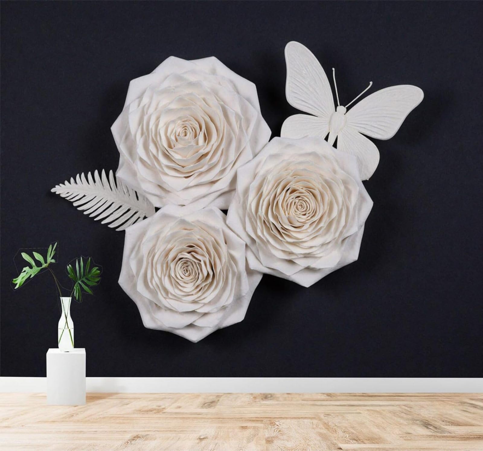 XLMING Minimalist Three Dimensional White Roses Butterflies 3D Wallpaper Silky Texture Home Study Office Grey Dining Room Sofa Bedroom Living Room TV Backdrop-430cm×300cm