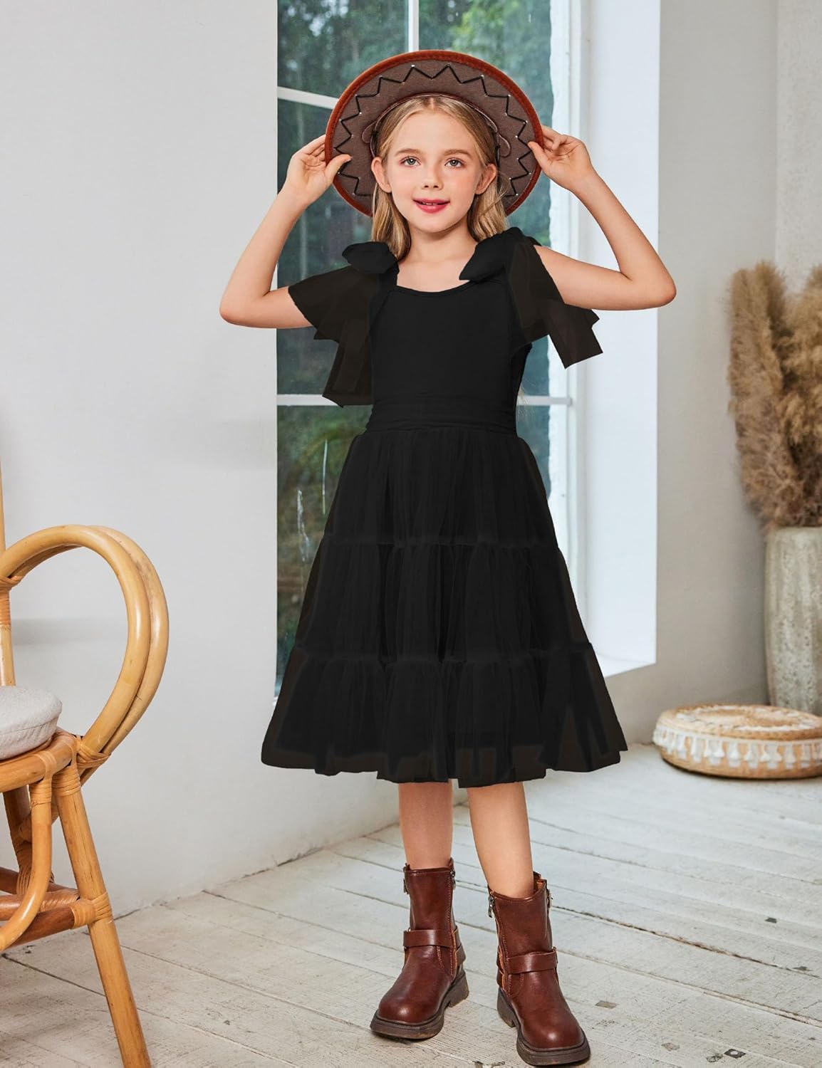 Arshiner Girls Dresses Summer Sleeveless Bow-Tie Straps Formal Fancy Party Birthday Tulle Dress - Image 5