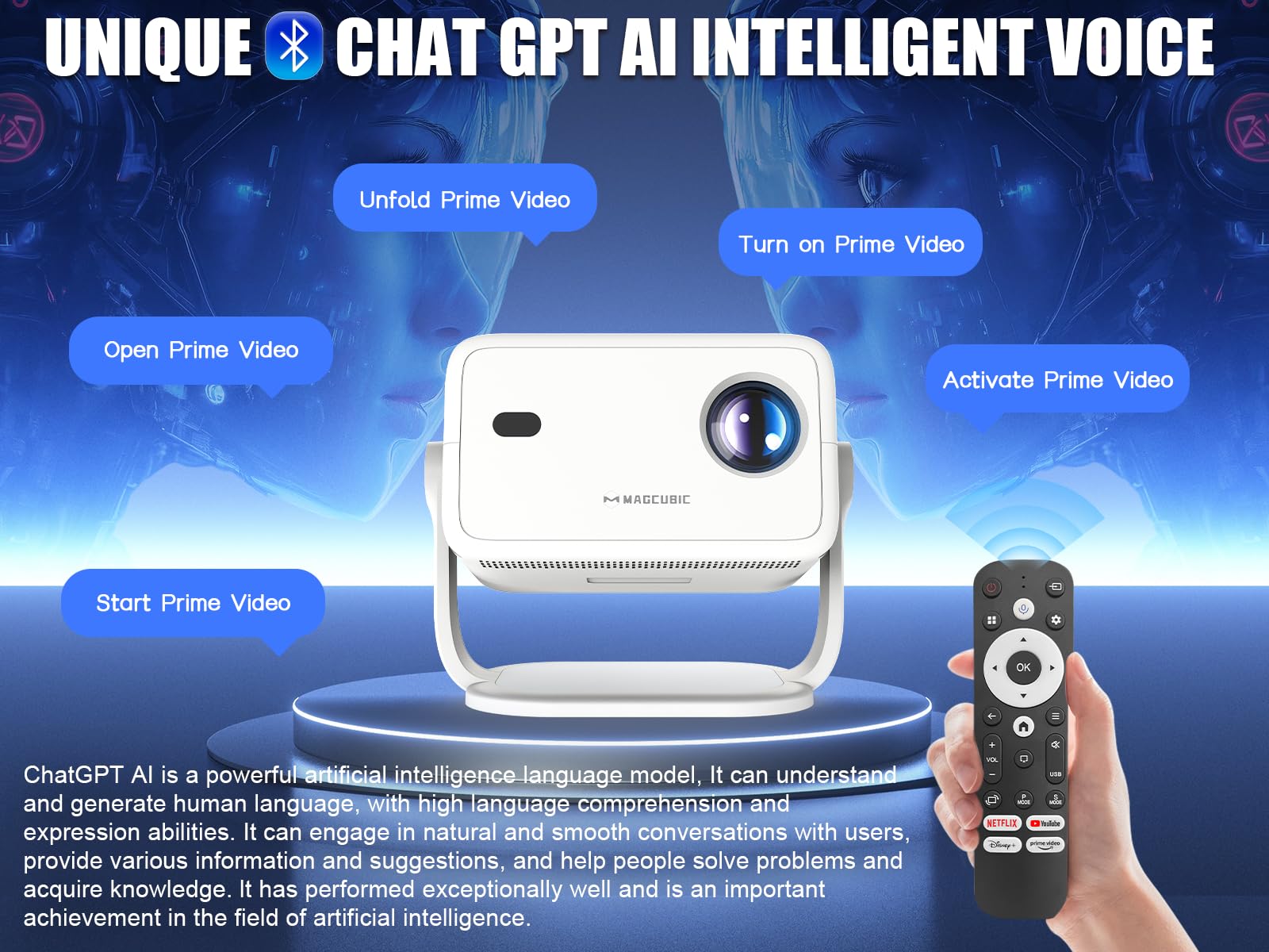 Android 13 Proiettore 4K, Mini Proiettore 400ANSI Video Proiettores con WiFi e Bluetooth, Auto Focus e Auto Keystone, Ruotabile 360° telecomando vocale Proiettori Portatili da soffitto