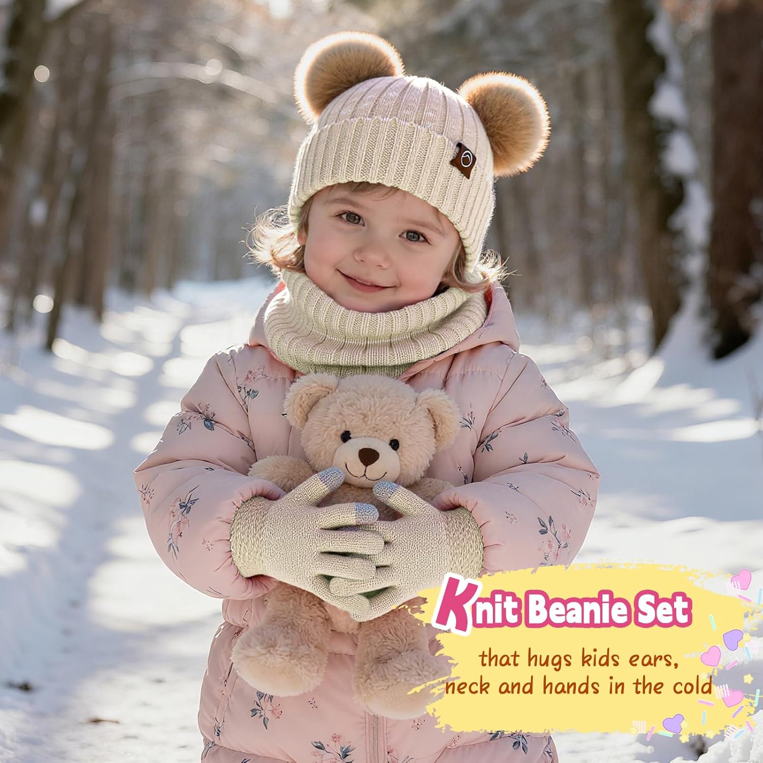 ZOORON Kids Winter Hat Gloves Scarf Set Girls, Children Beanies Hats with Pom Pom Warm Fleece Lining Beanie For Girls Boys - Image 5