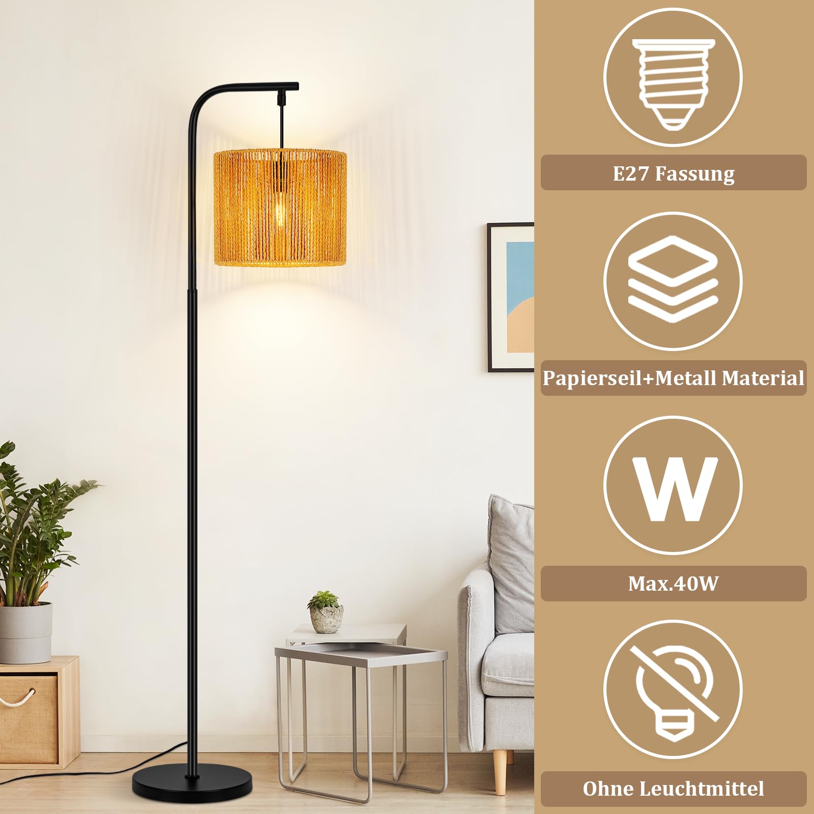 Stehlampe Rattan Boho Stehleuchte Stehlampe Wohnzimmer E27 | Standleuchte Vintage 1 Flammig 164cm Standlampe Schwarz Fußschalter Für Schlafzimmer Terrasse Büro