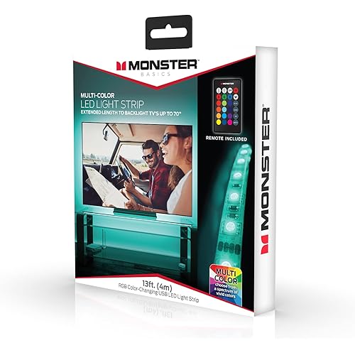 Monster 13.1ft Multicolor LED Light Strip, Backlight PC/TVs, Customizable Color and Brightness Modes, Remote Control Included, Powered From Any Standard 5V USB Port, DIY Installation