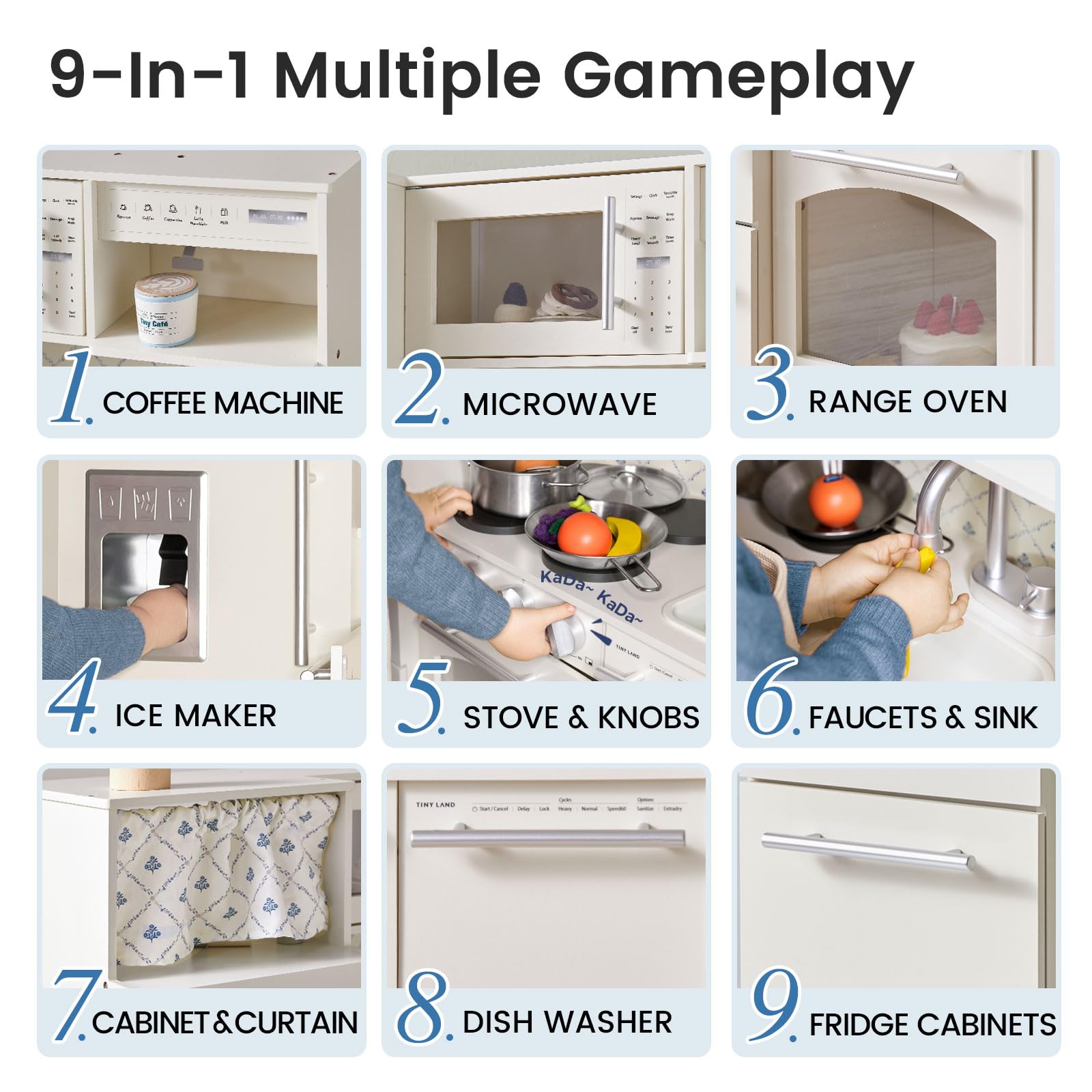 Tiny Land Play Kitchen for Kids, Upgraded Wooden Kitchen Toy with Complete Play Areas, Pretend Cooking Set with Sink, Stove, Microwave, Toy Coffee Station & Storage for Kids Ages 3+