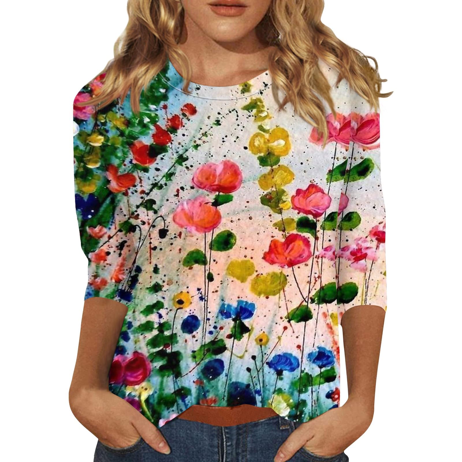 Women's American Flag Shirt 3/4 length Sleeve Women Tops Independence Day Crewneck Festival Top, Small