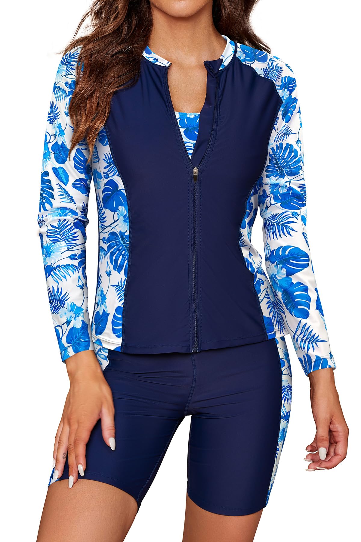 SHEKINI Abbigliamento da Surf Donna Rash Guard Donna Manica Lunga con Zip Top Bikini Sportivo Tankini Donna 3 Pezzi Pantaloncini da Surf