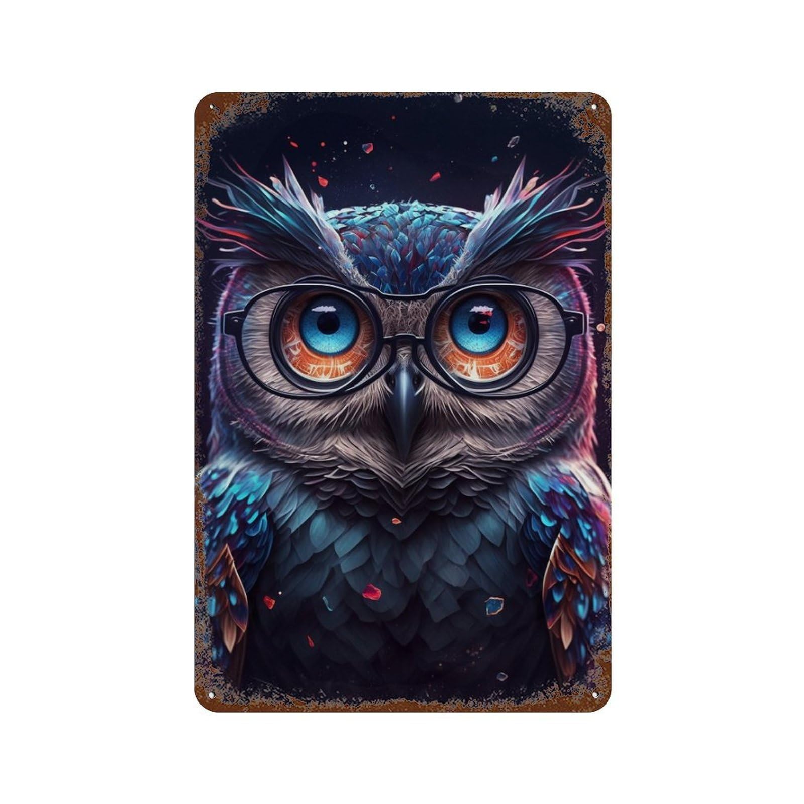Colorful Fantasy Owl Artwork Weathered Tin Sign 11.8"x7.9", Rustic Home Decor for Garage, Pub Or Kitchen