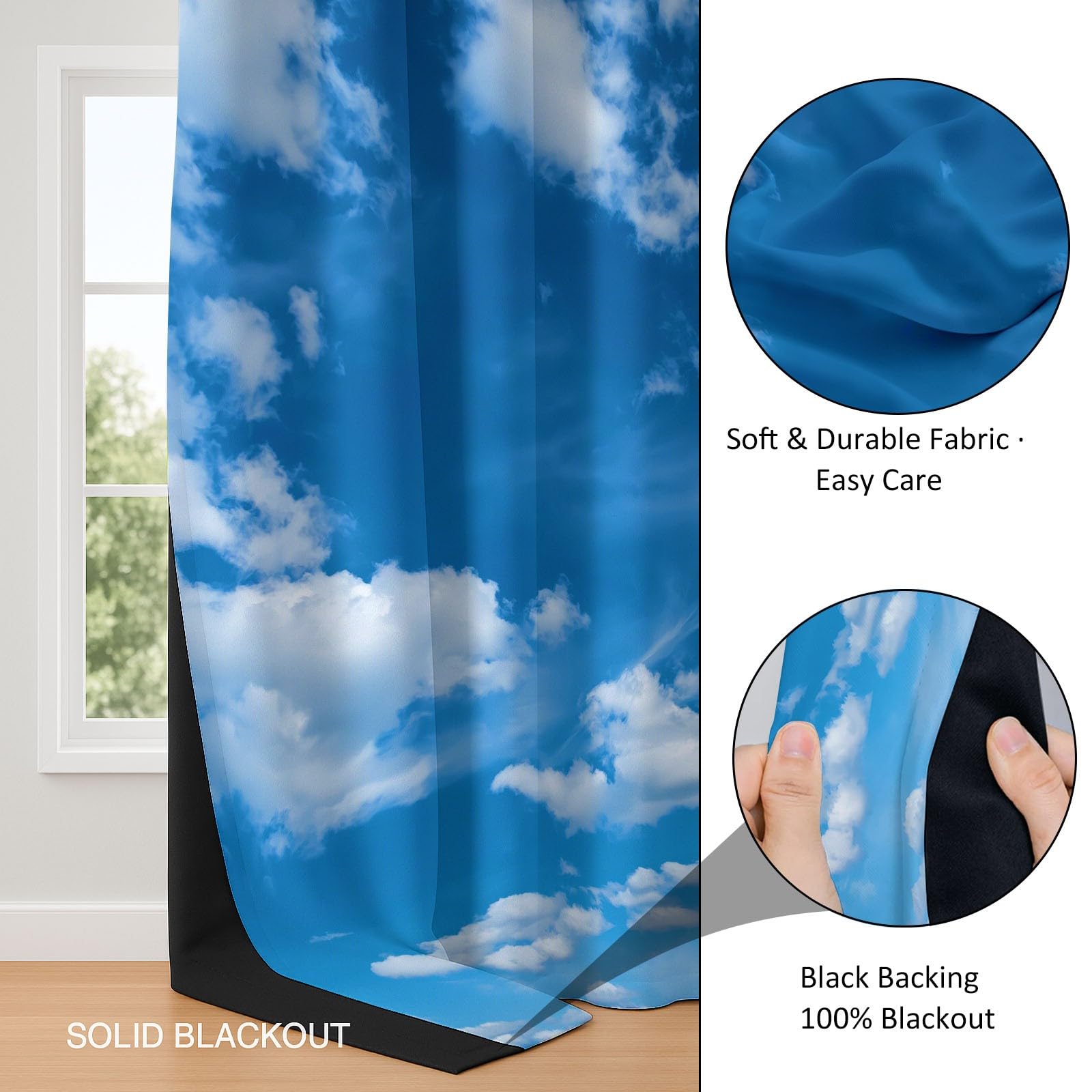 Rideau Occultant Bleu, Paysage Naturel Ciel Bleu Nuages Blancs Rideaux à Oeillets, Rideau Thermique Isolant Anti Froid et Chaleur pour Salon Chambre Fenetre Décoration 92L x 214H cm Lot de 2