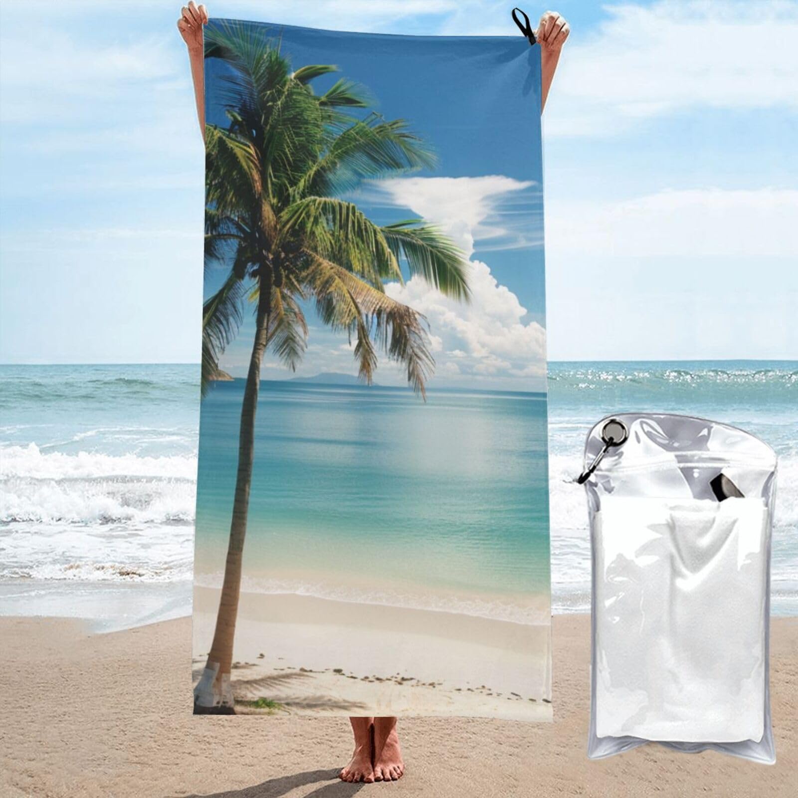 kkvhhyuo Microfiber Beach Towel, Beach and Palm Tree Printed Lightweight Quick Dry Travel Bath Sheet with Compact Carry Bag for Swimming Yoga Camping Gym,31.5"x63"
