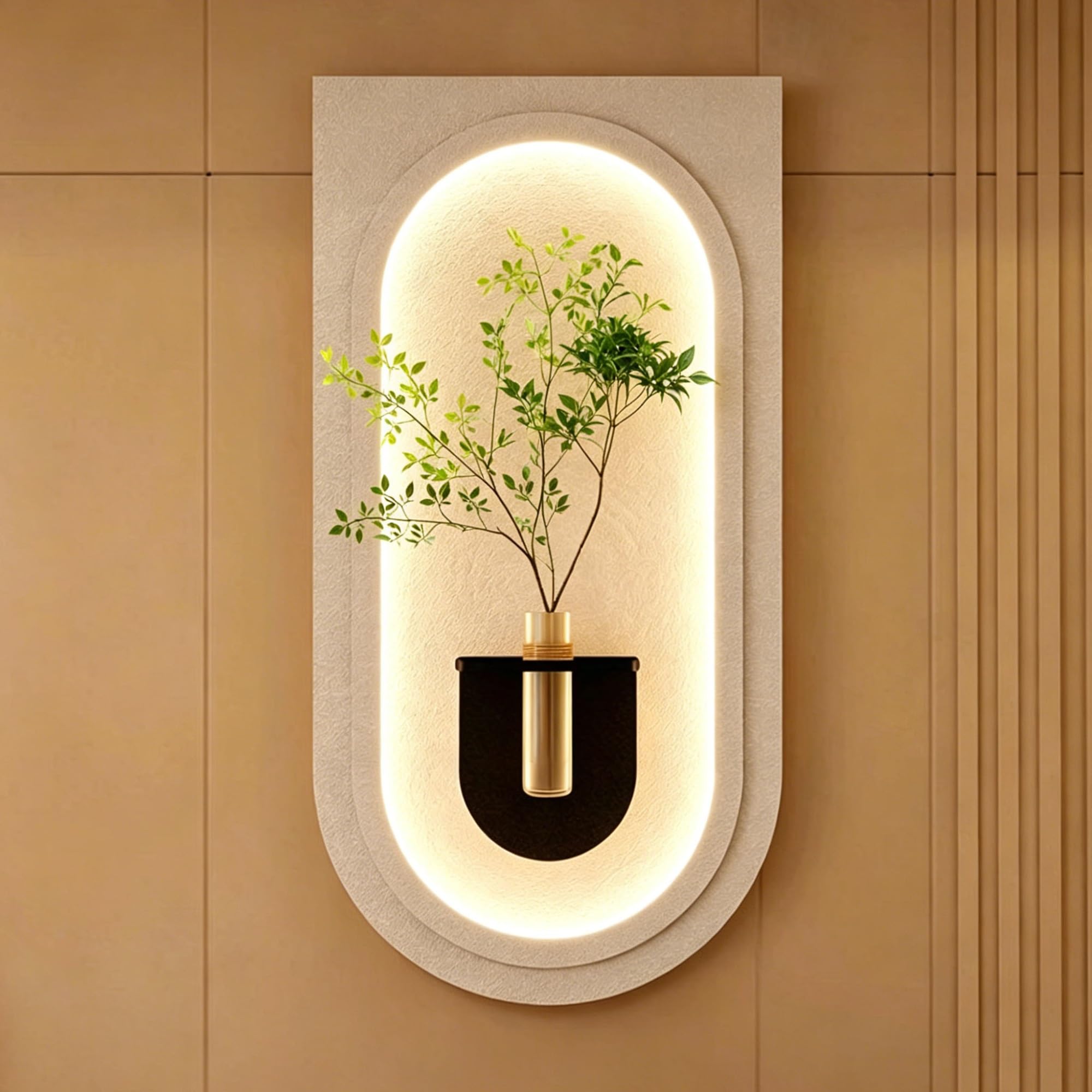 OEPCHEFACX 3D Sandstone Wall Art with LED Lights, Plug-in Ambient Wall Decor with Glass Vase Artificial Plants, Modern Textured Mural for Entryway Living Room Bedroom(A3,120 * 60cm/47.2 * 24in)